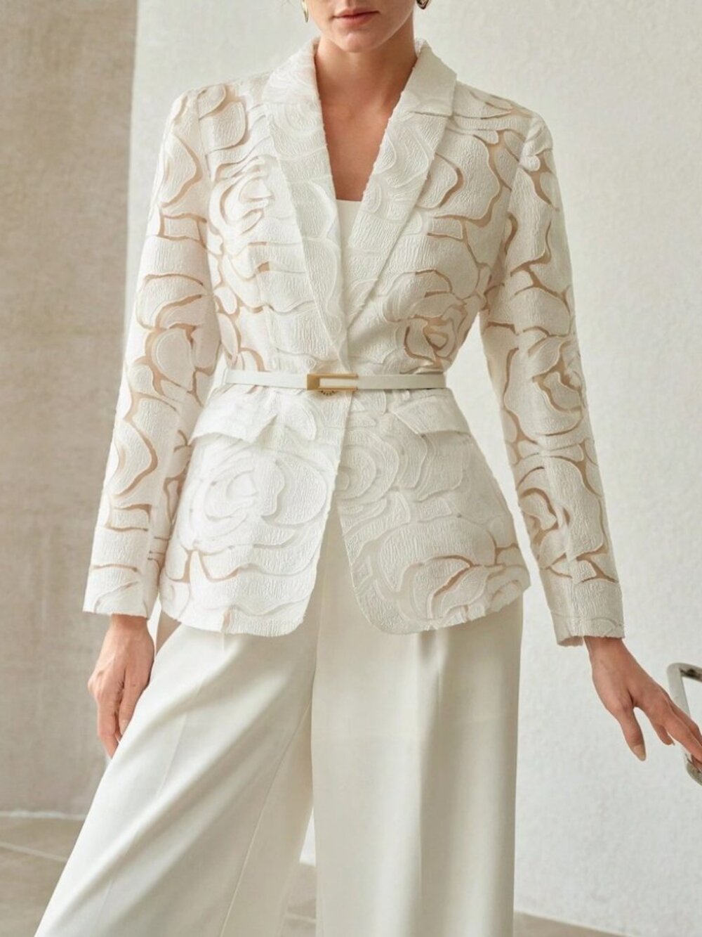 Ivory Floral Textured Notch Lapel Sheer Lightweight Long Sleeve Blazer